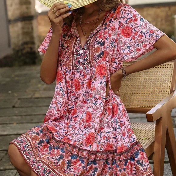 Boho Floral Print Tie Neck Smock Mini Dress - Picture 5 of 5